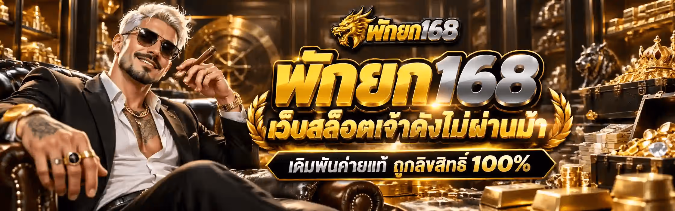 แบนเนอร์ พักยก168 เป็นภาพแนวนอนฉากห้องนิรภัยทองคำ มีประตูเซฟวงกลมทองเหลืองขนาดใหญ่และชั้นวางทองคำแท่งเป็นฉากหลัง ฝั่งซ้ายเป็นผู้ชายผมบลอนด์สั้น สวมแว่นกันแดดดำ ไว้เคราสั้น ใส่สูทสีดำทับเสื้อเชิ้ตขาวเปิดคอ สวมสร้อยคอทอง นาฬิกาข้อมือทอง และแหวนทองหลายวง มีรอยสักที่แขนและอก ถือซิการ์ไว้ในมือขวา นั่งเอนอยู่บนโซฟาหนังสีน้ำตาลเข้ม รอบตัวมีทองคำแท่งกองสูง ปึกธนบัตร เหรียญทอง หีบสมบัติไม้ประดับทอง มงกุฎทองประดับอัญมณีสีแดง รูปปั้นม้าทอง และนาฬิกาข้อมือหรูวางเรียงอยู่ กลางภาพด้านบนเป็นโลโก้ พักยก168 ขนาดเล็ก ถัดลงมาเป็นข้อความตัวใหญ่สามมิติ พักยก168 โดยคำว่า พักยก เป็นสีทองและเลข 168 เป็นผิวโครเมียมเงิน ใต้ลงมาเป็นคำว่า เว็บสล็อตเจ้าดังไม่ผ่านม้า ตัวอักษรไทยสามมิติสีทองในกรอบช่อใบลอเรลทอง และใต้สุดเป็นป้ายสีดำขอบทองเขียนว่า เดิมพันค่ายแท้ ถูกลิขสิทธิ์ 100%
